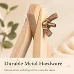 Close-up detail of size M wooden display easel stand with metal screw and wing nut hardware