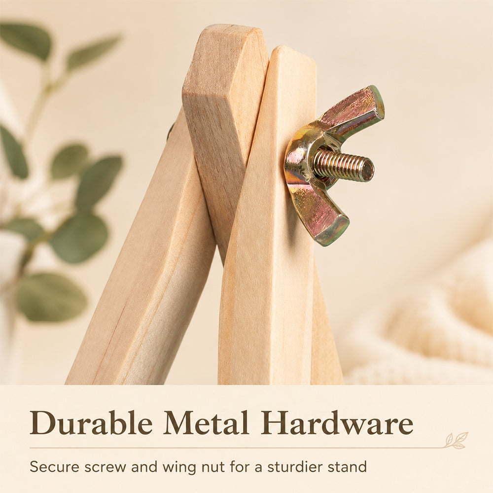 Close-up detail of size M wooden display easel stand with metal screw and wing nut hardware