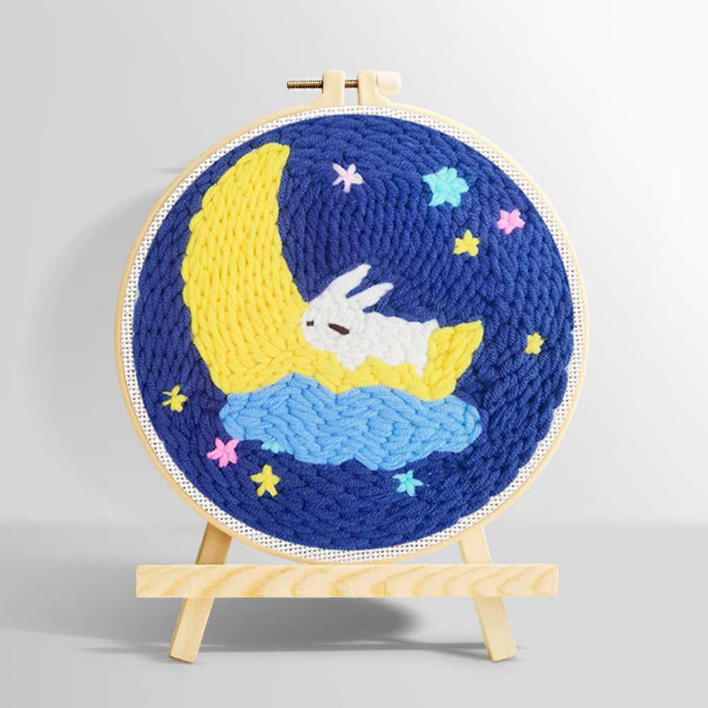 Sleeping bunny on crescent moon and stars punch needle kit for beginners