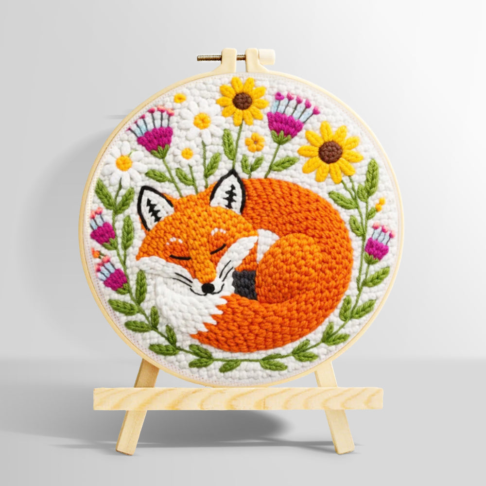 Sleeping fox among the flowers punch needle kit for beginners