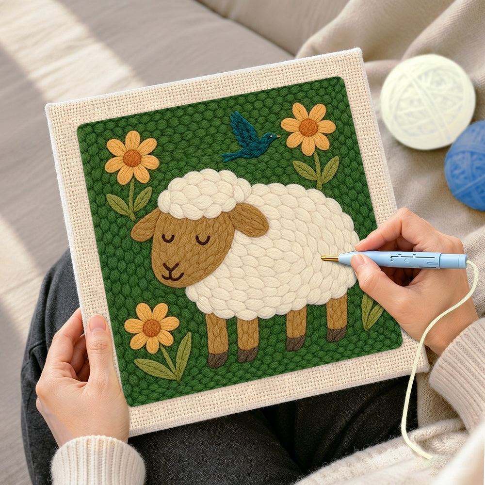Creating handmade sleeping sheep with flowers punch needle artwork
