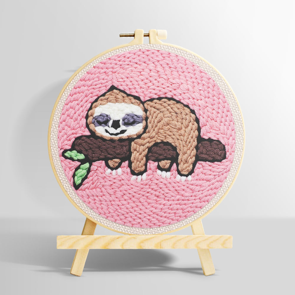 Sleeping sloth on tree branch punch needle kit for beginners