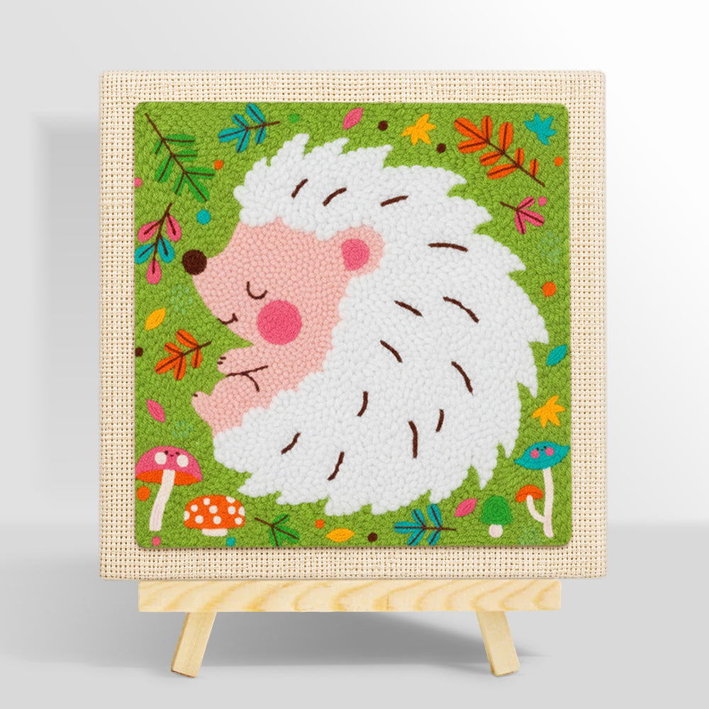 Sleeping white hedgehog punch needle kit for beginners