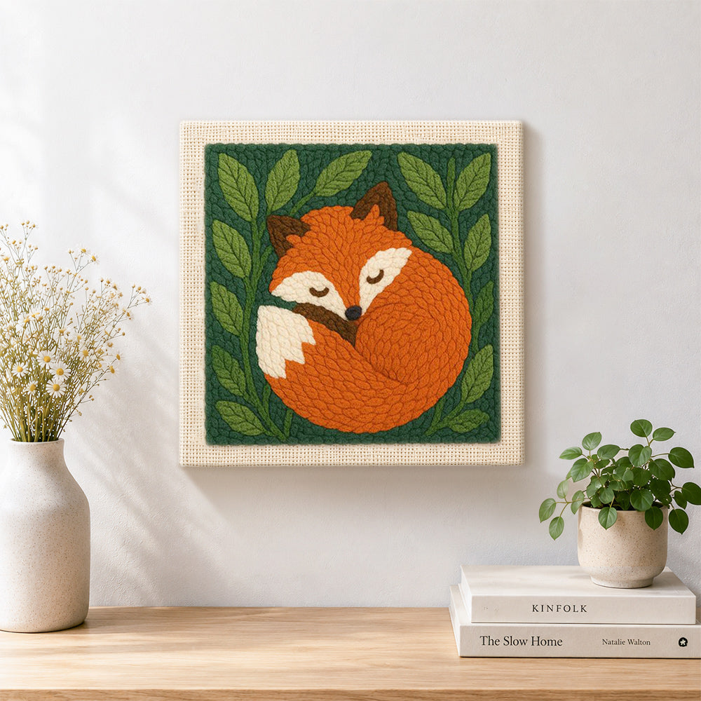 Finished sleeping woodland fox artwork displayed on a wall