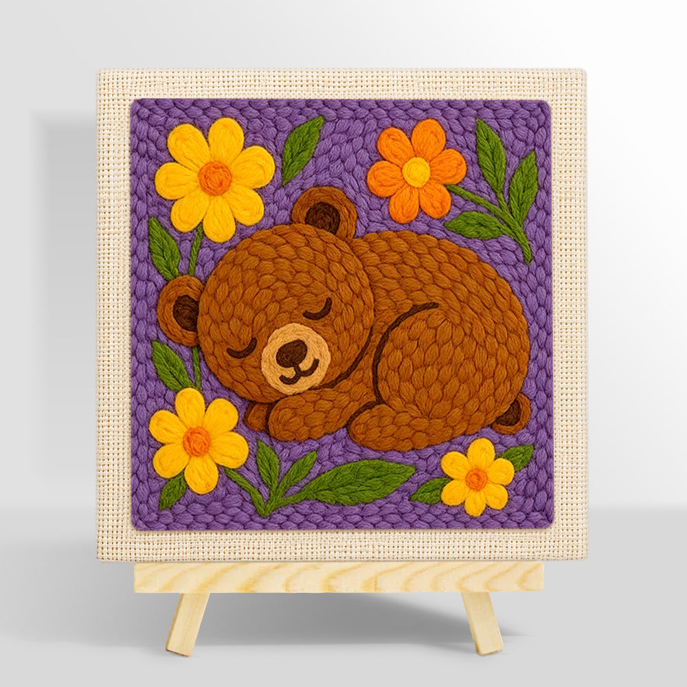 Sleepy bear with flowers punch needle kit for beginners