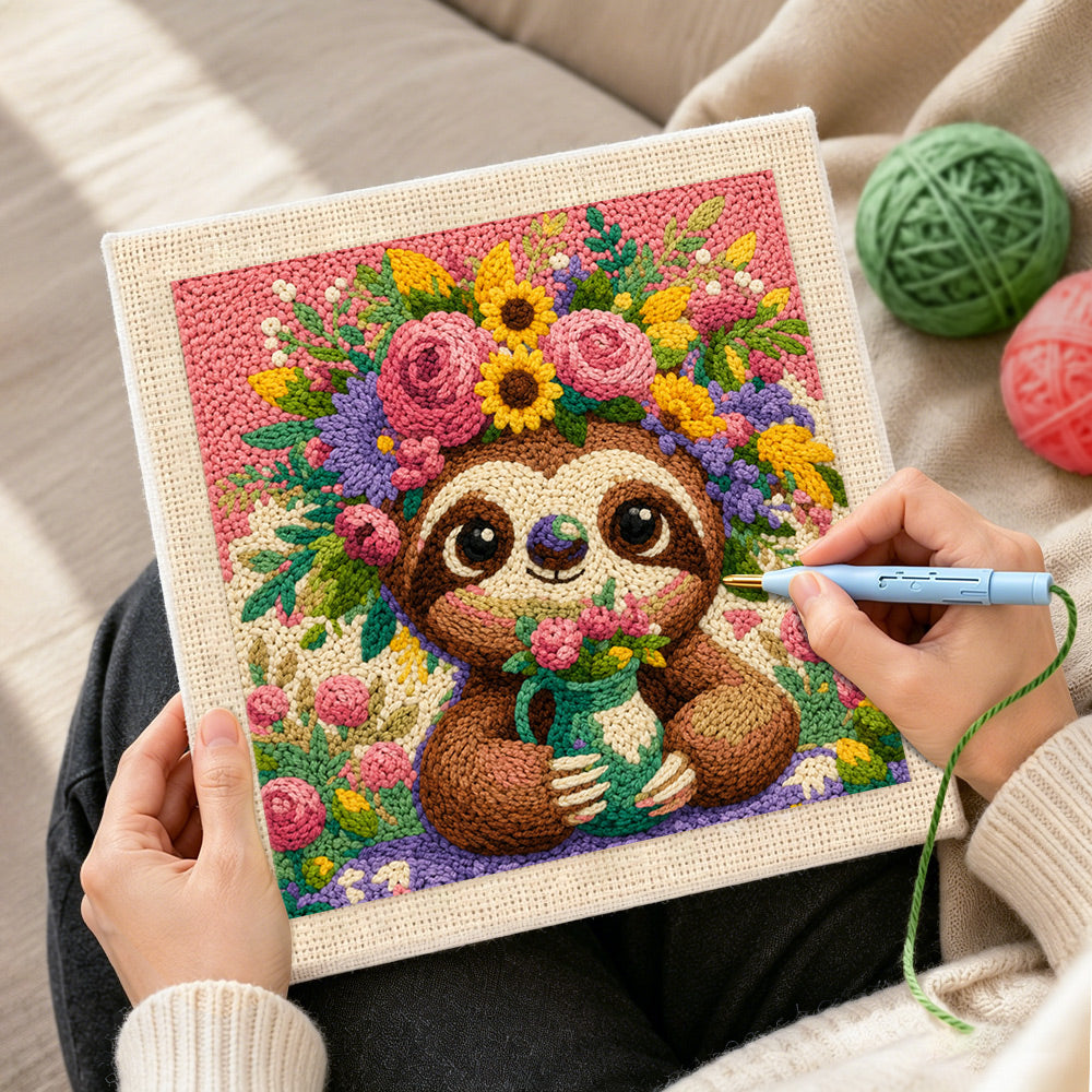 Creating handmade sloth with flower crown punch needle artwork