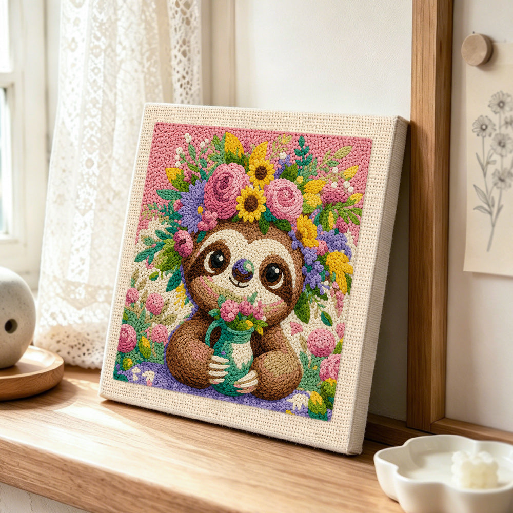 Sloth with flower crown punch needle artwork displayed on a table