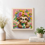 Finished sloth with flower crown artwork displayed on a wall