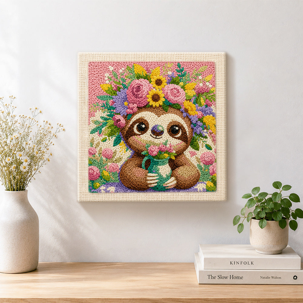 Finished sloth with flower crown artwork displayed on a wall