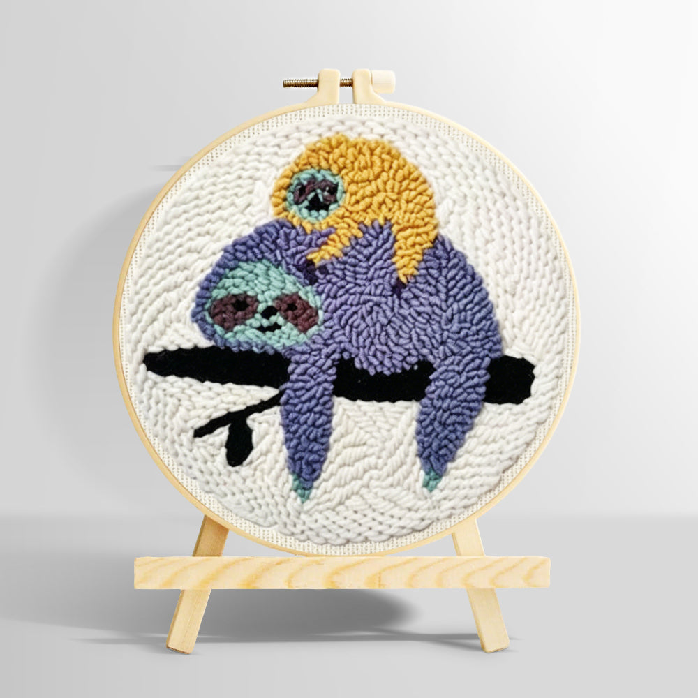 Sloths resting on tree branch punch needle kit for beginners