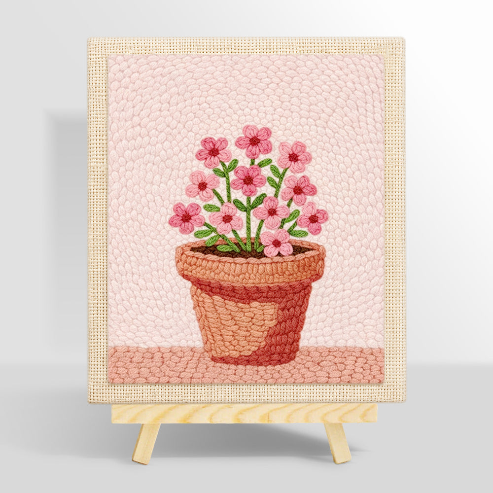 Small pink flowers in pot punch needle kit for beginners