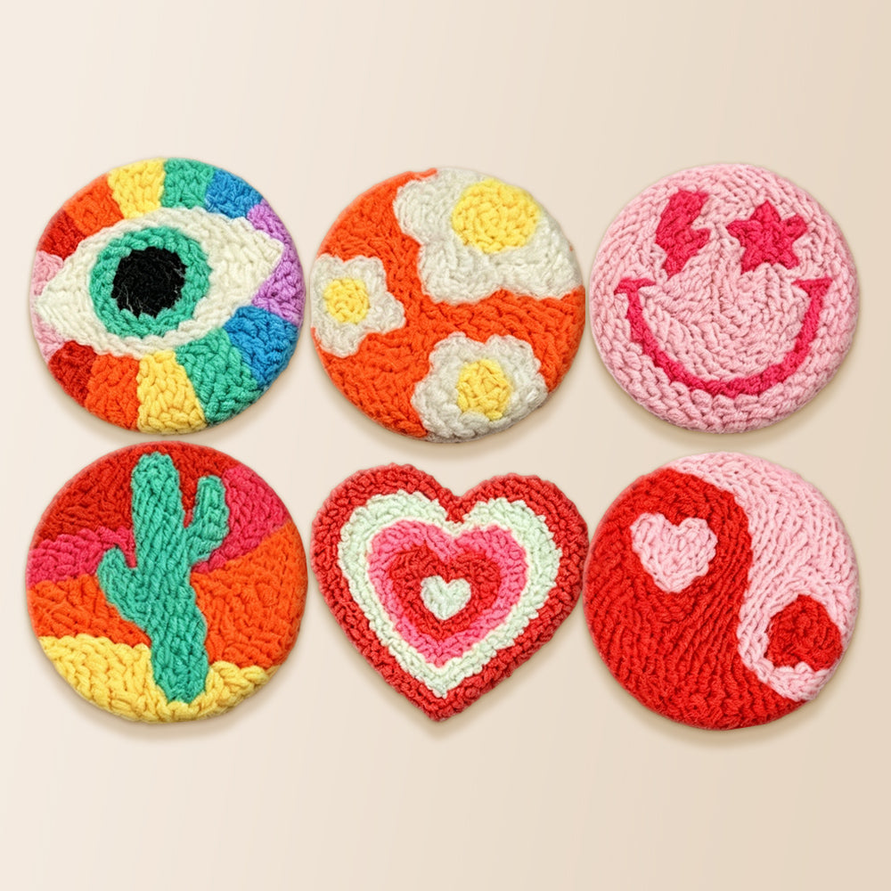 Smiley, cactus and heart punch needle coaster kit finished handmade coasters