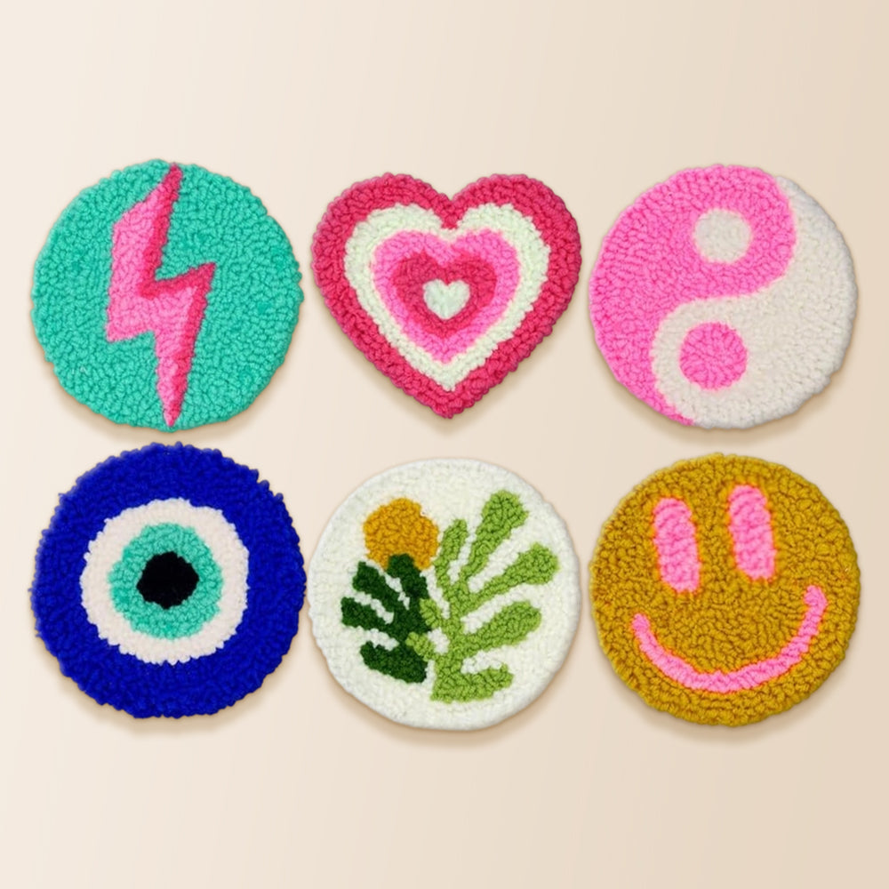 Smiley face and evil eye punch needle coaster kit finished handmade coasters