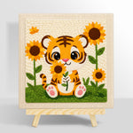 Smiling baby tiger with sunflowers punch needle kit for beginners