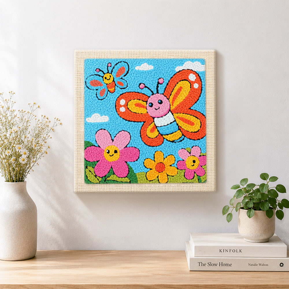 Finished smiling butterflies and flowers artwork displayed on a wall