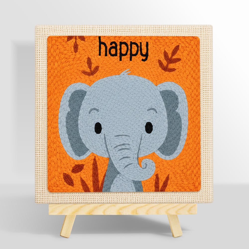 Smiling grey elephant punch needle kit for beginners