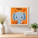 Finished smiling grey elephant artwork displayed on a wall