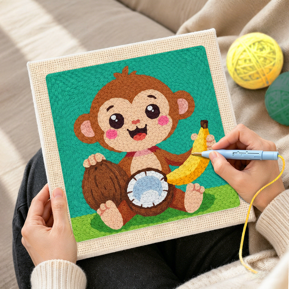 Creating handmade smiling monkey with coconut and banana punch needle artwork