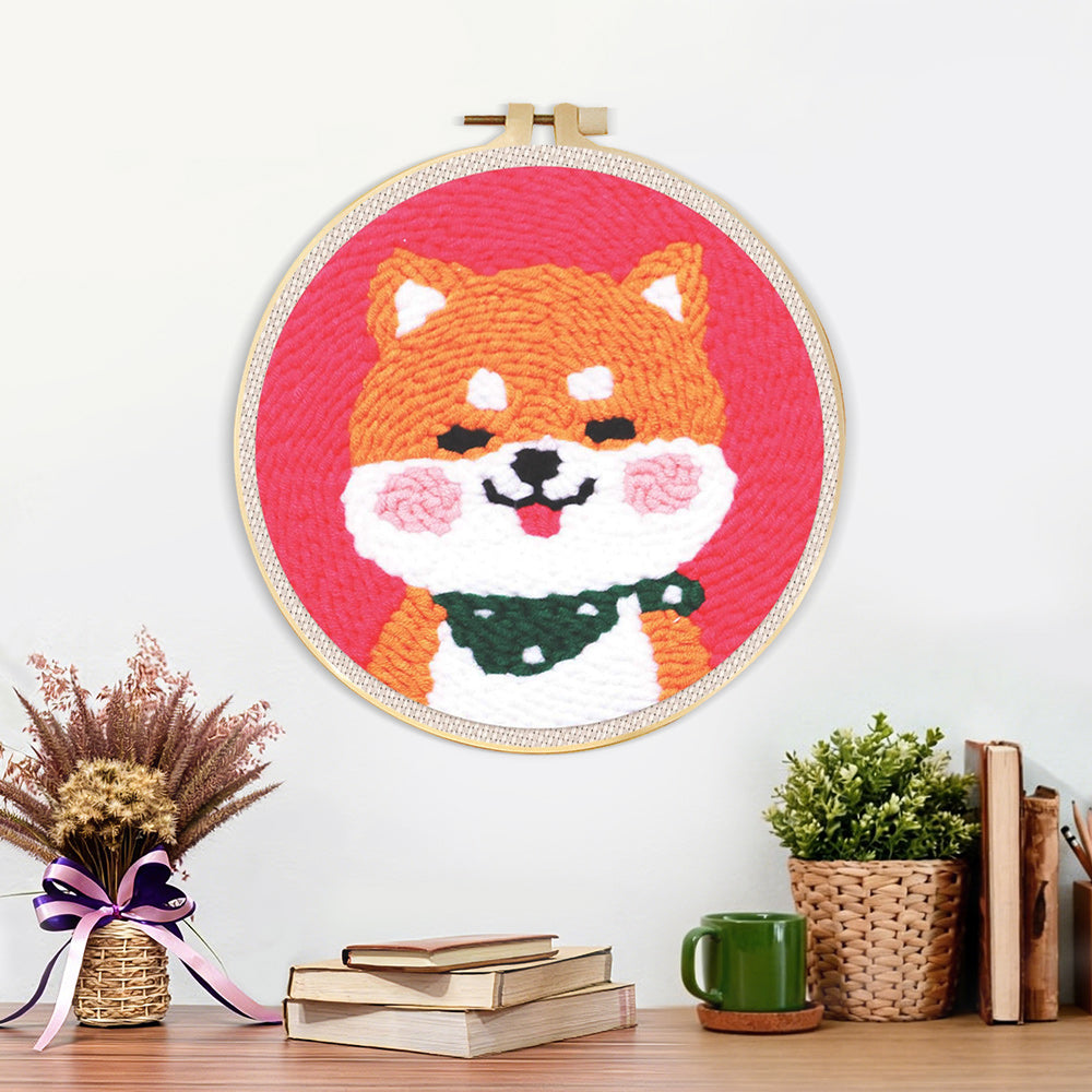 Finished smiling shiba inu artwork displayed on a wall