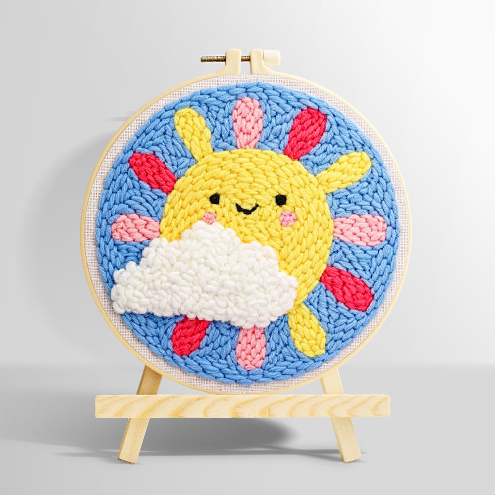 Smiling sun with rainbow rays punch needle kit for beginners