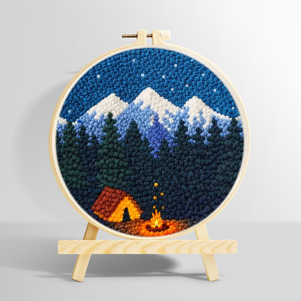 Snow-capped mountains, dark forest and campfire punch needle kit for beginners