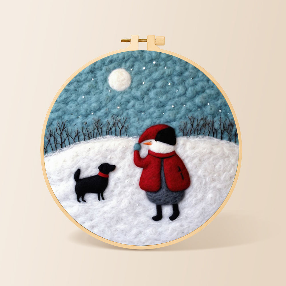 Snowman and black dog in the snow needle felting kit for beginners with a round wooden frame