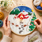 Creating the snowman and christmas tree red cabin wool painting by hand with a felting needle