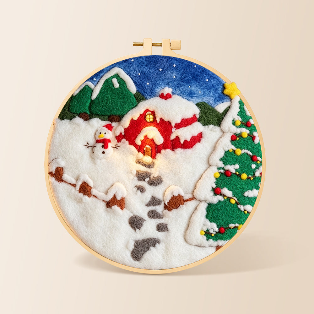Snowman and christmas tree red cabin needle felting kit for beginners with a round wooden frame