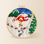 Snowman and christmas tree red cabin needle felting kit for beginners with a round wooden frame