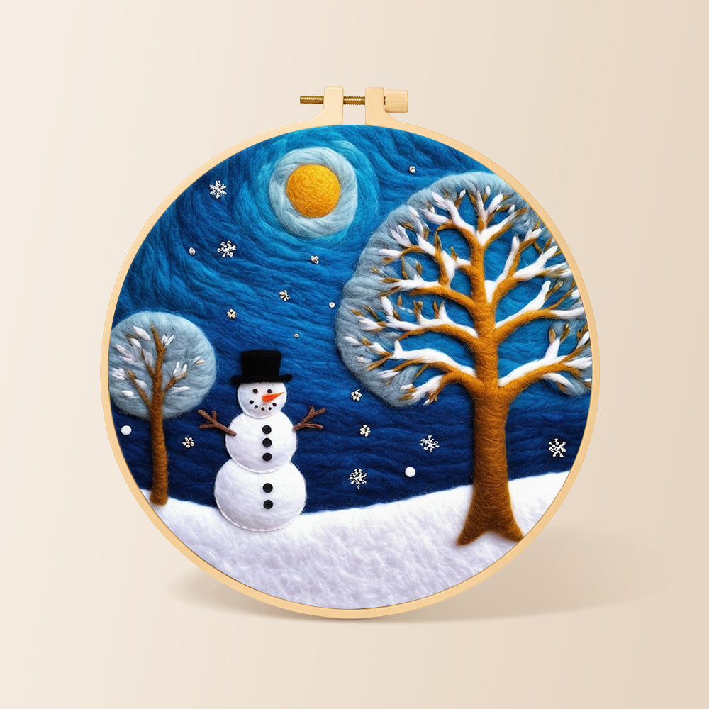 Snowman and frosted tree under the night sky needle felting kit for beginners with a round wooden frame
