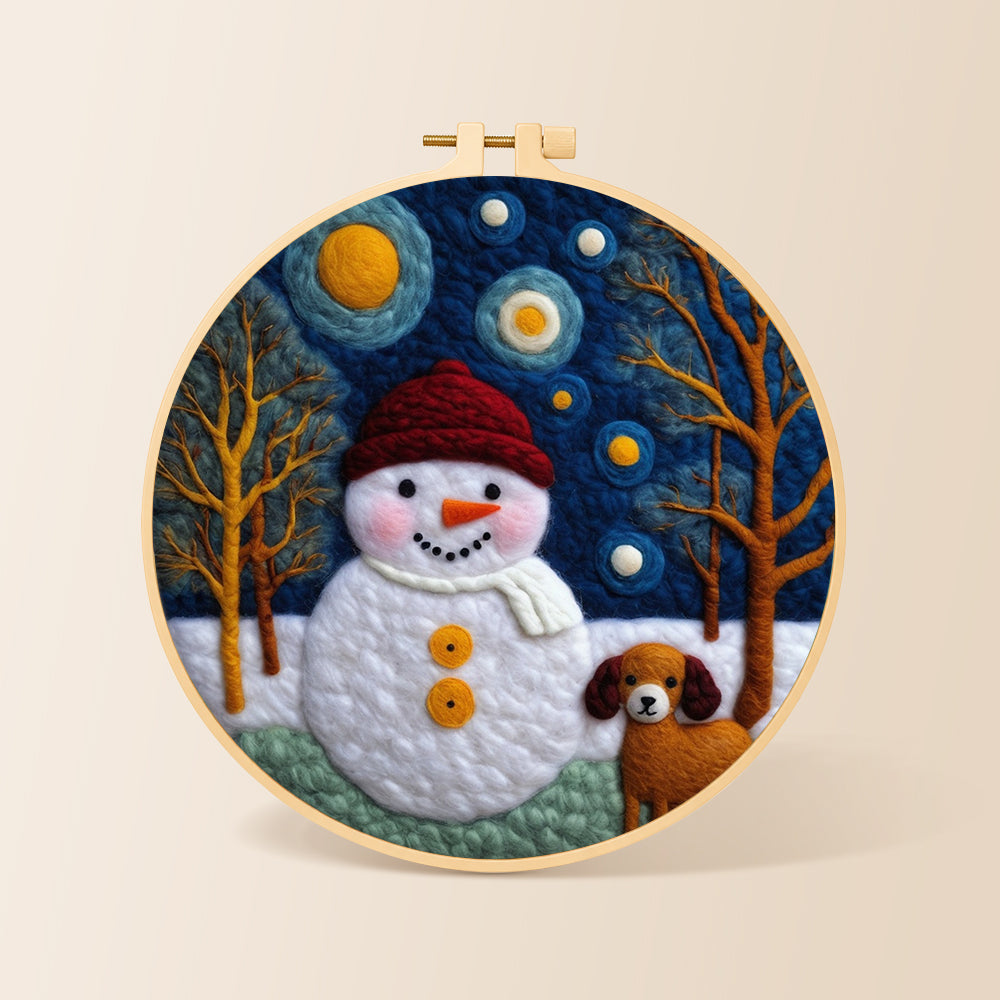 Snowman and loyal dog friend needle felting kit for beginners with a round wooden frame
