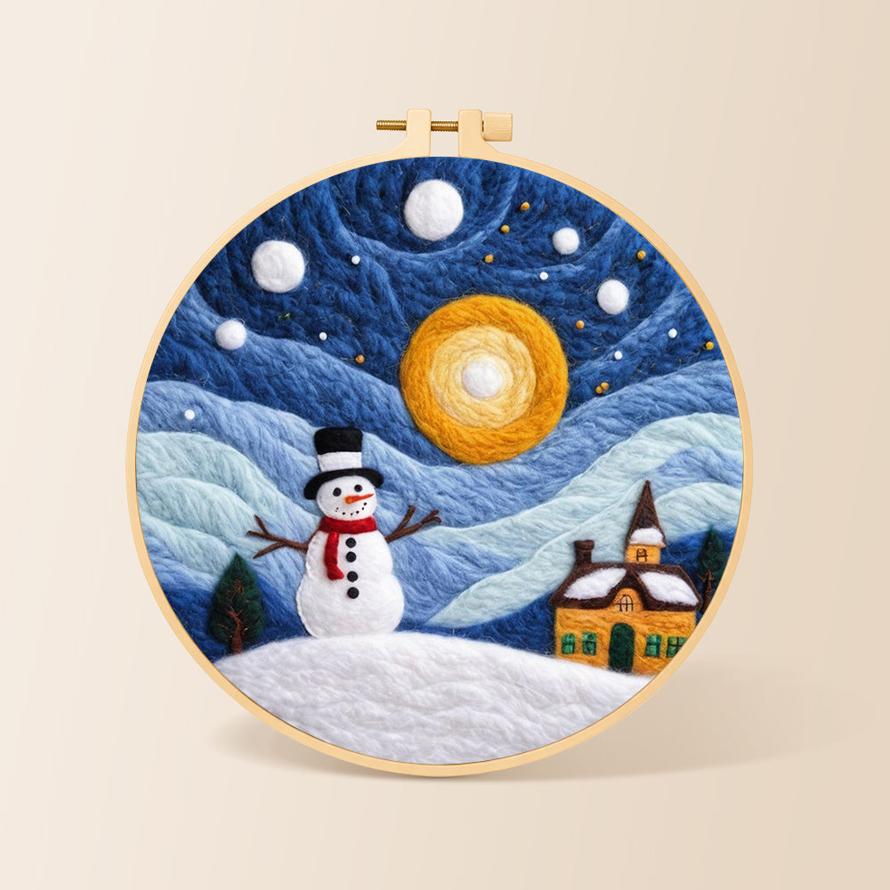 Snowman and swirling starry night sky needle felting kit for beginners with a round wooden frame