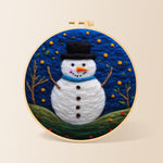 Snowman under the starry blue night needle felting kit for beginners with a round wooden frame