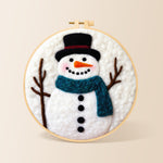 Snowman with teal scarf needle felting kit for beginners with a round wooden frame
