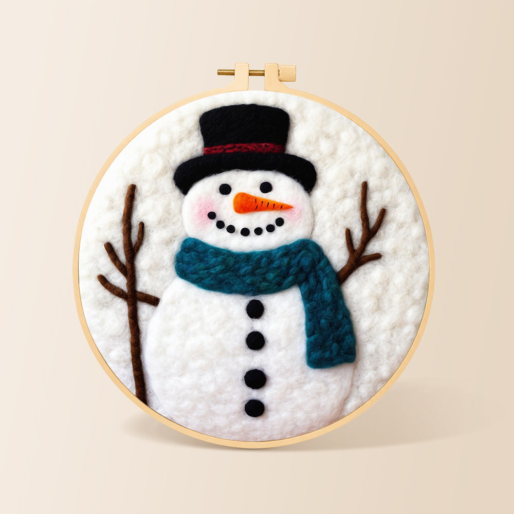 Snowman with teal scarf needle felting kit for beginners with a round wooden frame