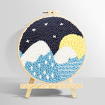 Snowy mountains and blue water under starry sky punch needle kit for beginners