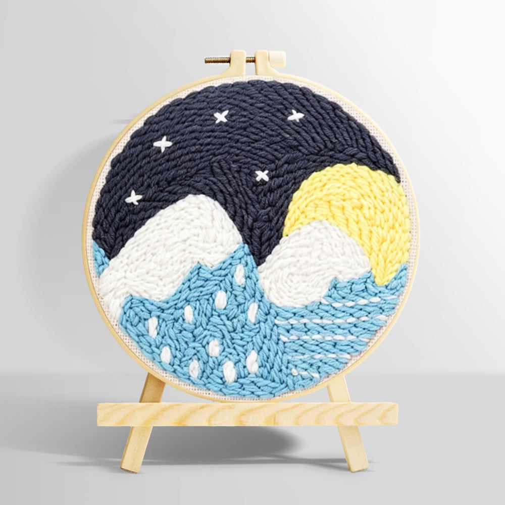 Snowy mountains and blue water under starry sky punch needle kit for beginners