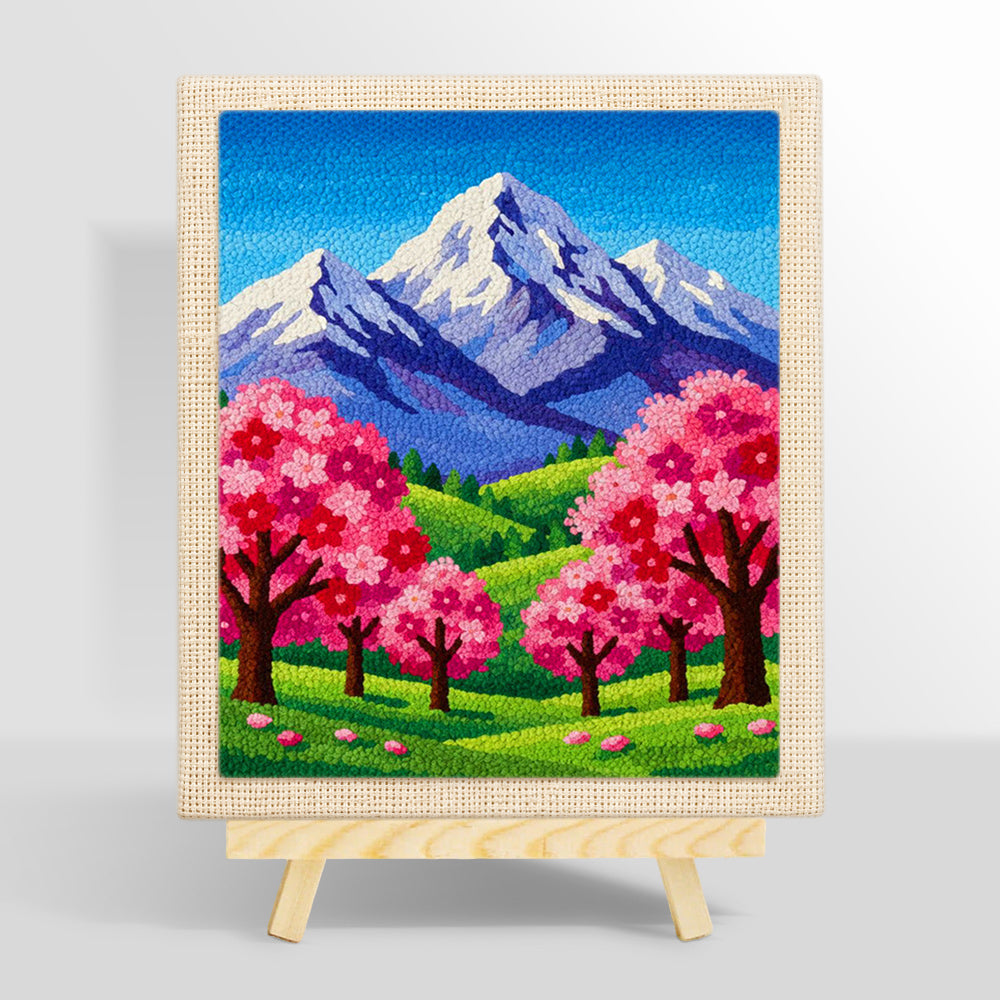 Snowy peaks and pink sakura trees punch needle kit for beginners