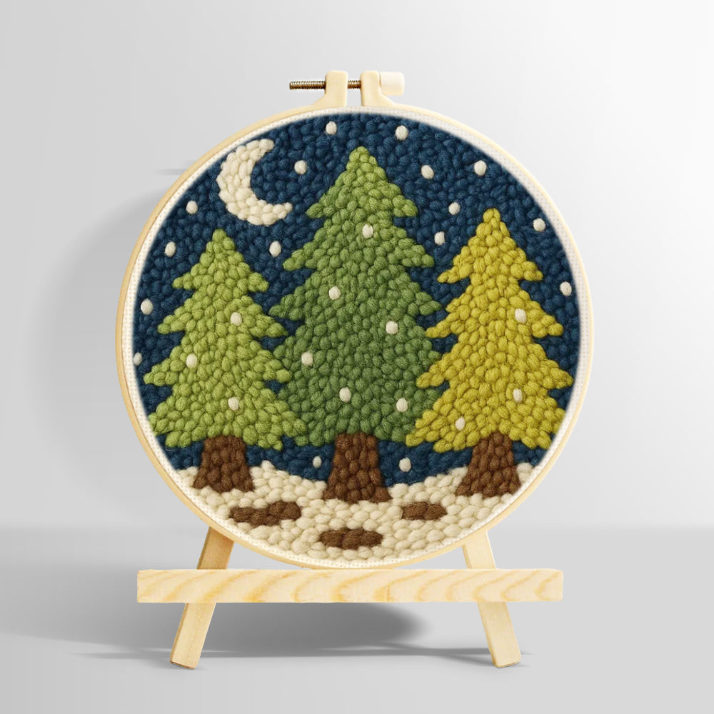 Snowy pine trees and crescent moon punch needle kit for beginners