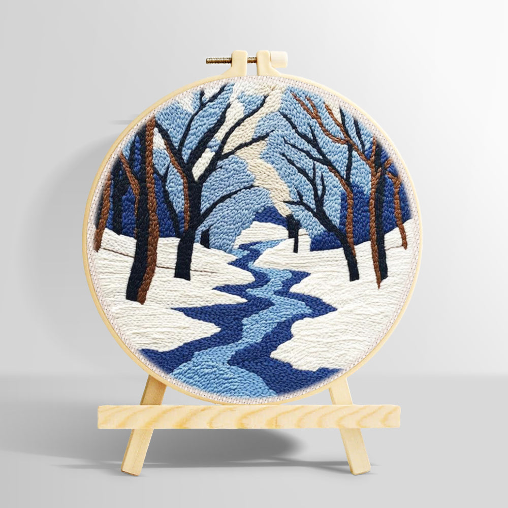 Snowy river landscape with bare trees punch needle kit for beginners