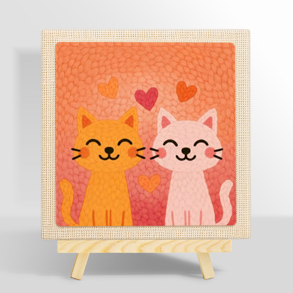 Snuggling orange and pink cat couple punch needle kit for beginners