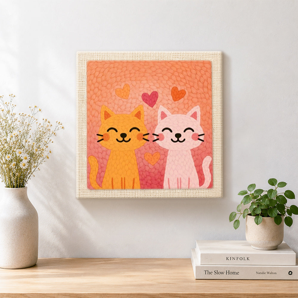 Finished snuggling orange and pink cat couple artwork displayed on a wall