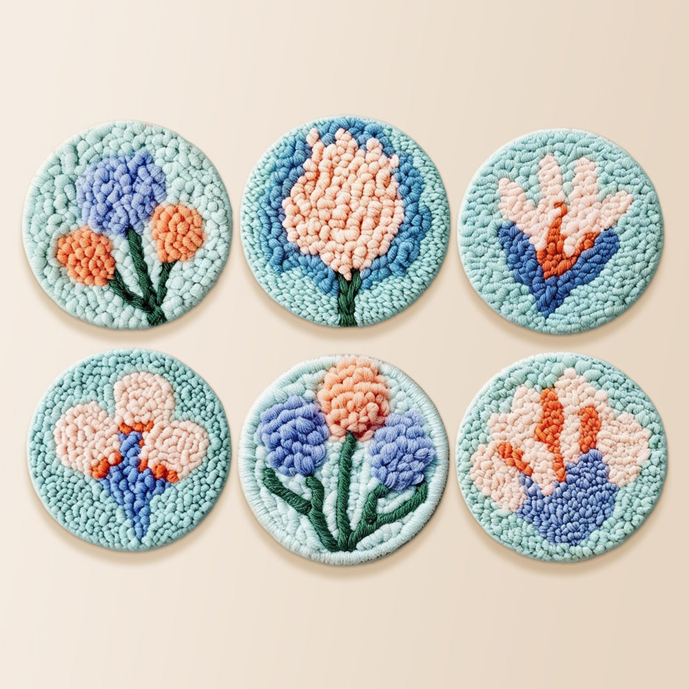 Soft blue and peach tufted flowers punch needle coaster kit finished handmade coasters