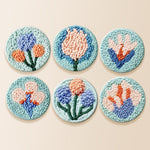 Soft blue and peach tufted flowers punch needle coaster kit finished handmade coasters
