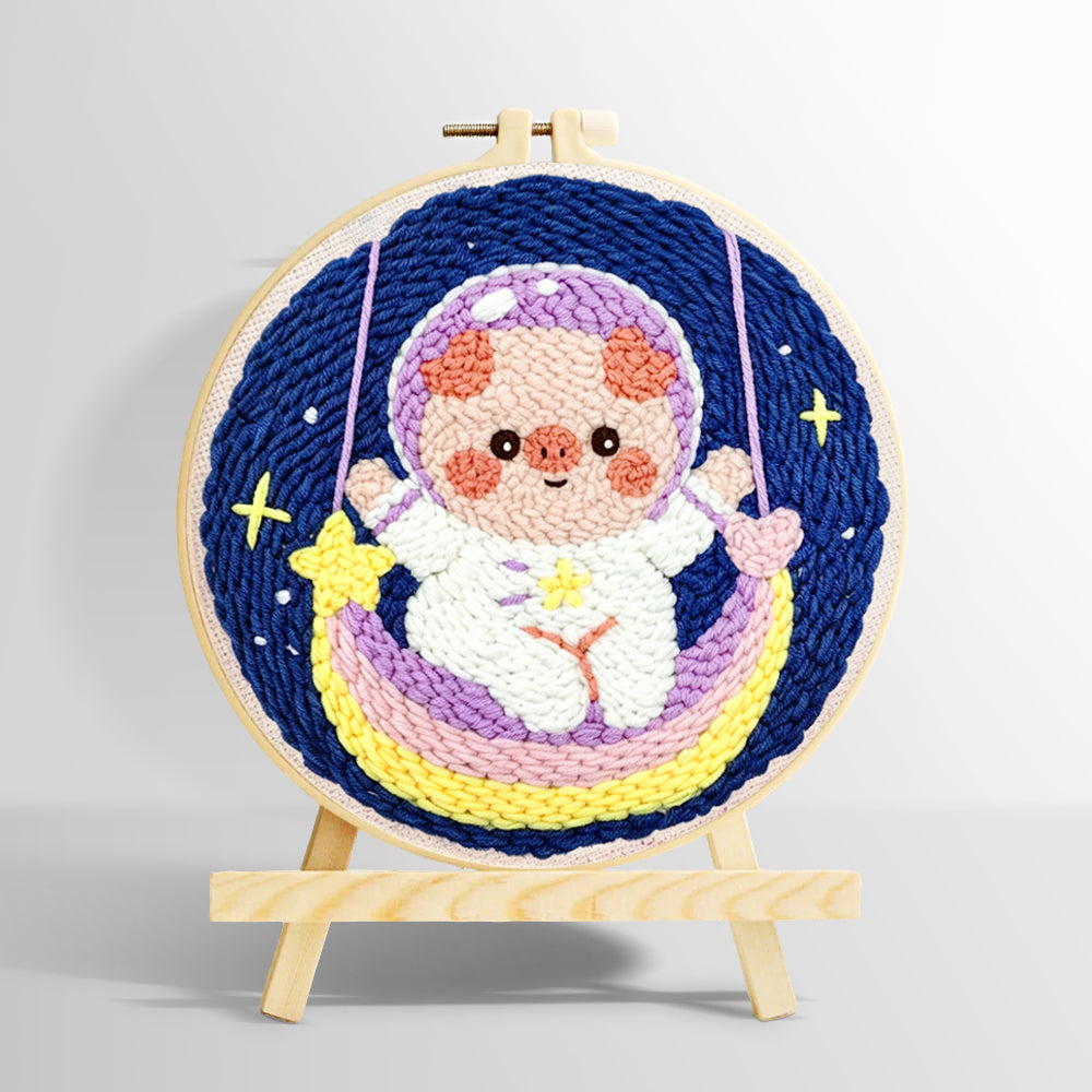 Space piggy on rainbow swing punch needle kit for beginners