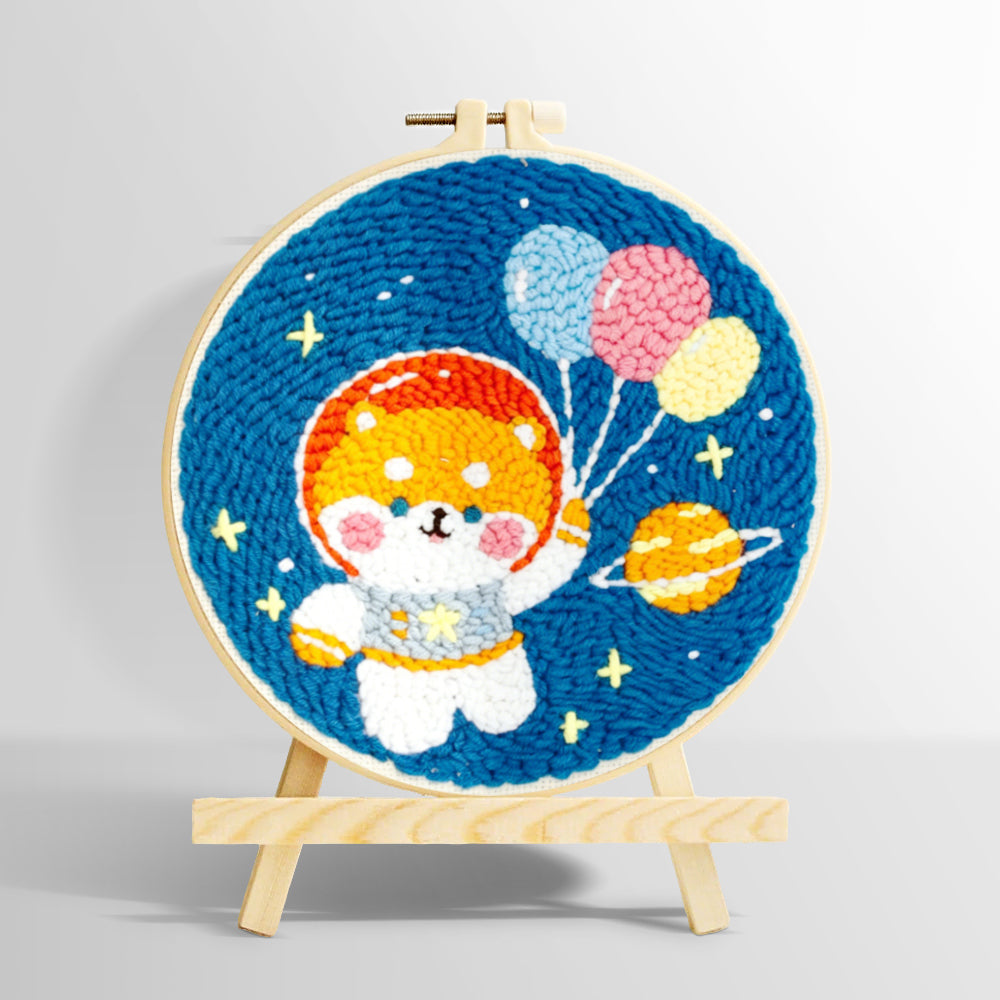 Space puppy with balloons punch needle kit for beginners