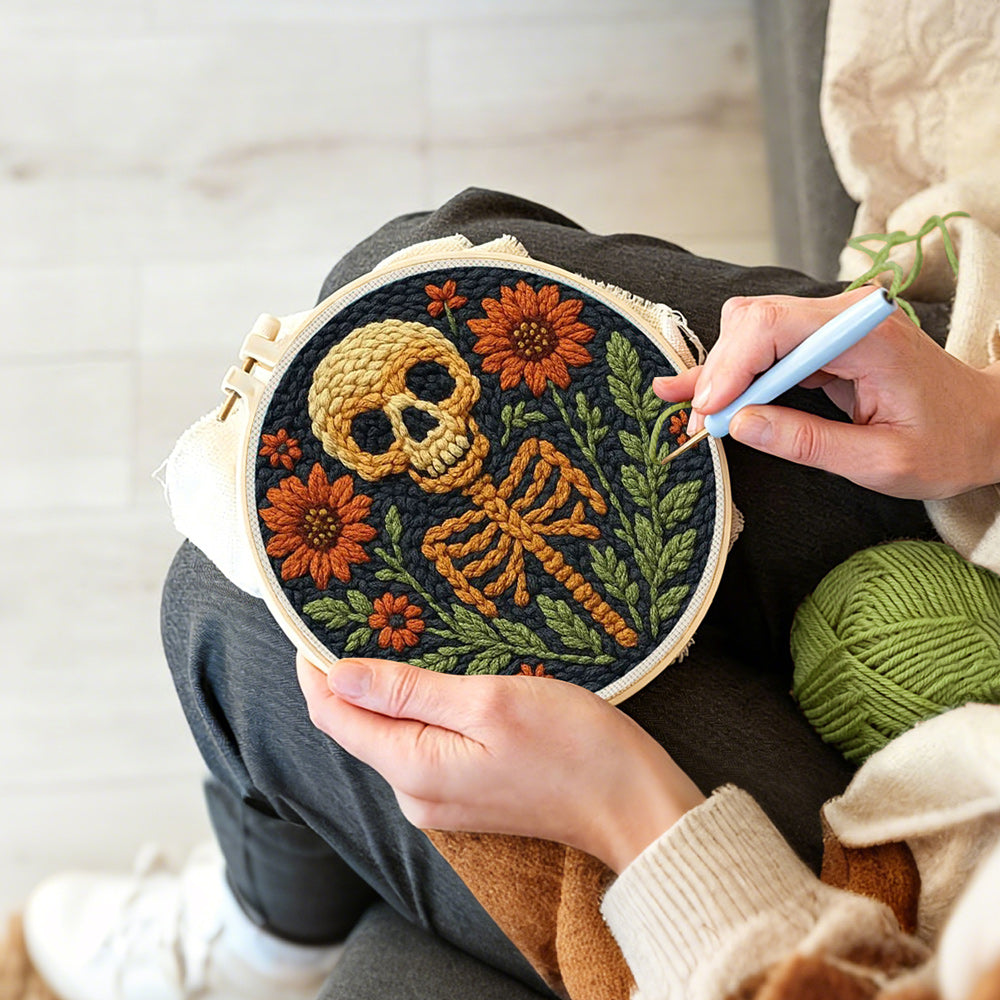 Creating handmade spooky floral skeleton punch needle artwork
