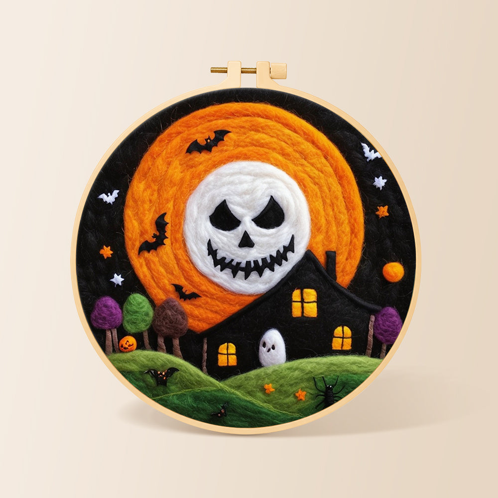 Spooky skeleton face moon needle felting kit for beginners with a round wooden frame