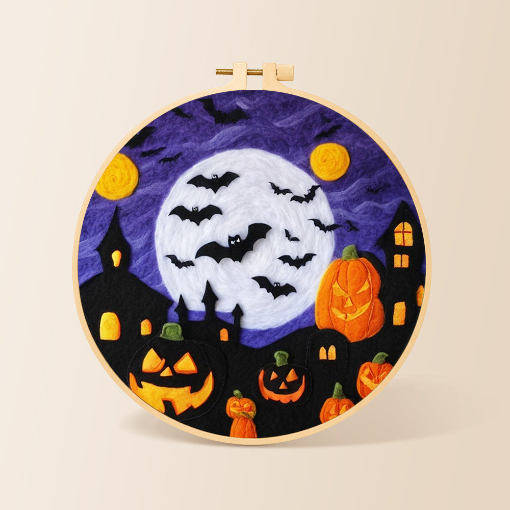Spooky white moon and bat swarm needle felting kit for beginners with a round wooden frame