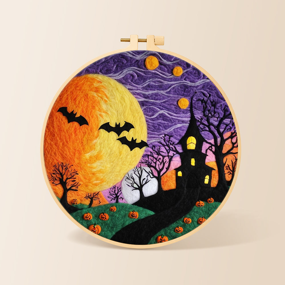 Spooky yellow moon and bare trees needle felting kit for beginners with a round wooden frame